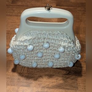 Vintage Italian Raffia Lucite Handle Beaded Handbag